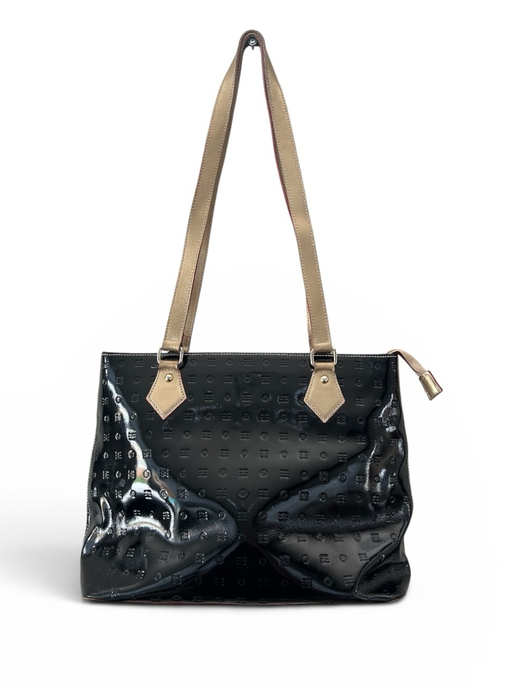 Arcadia Black Glossy Embossed Made In Italy Leather Tote Shoulder Bag